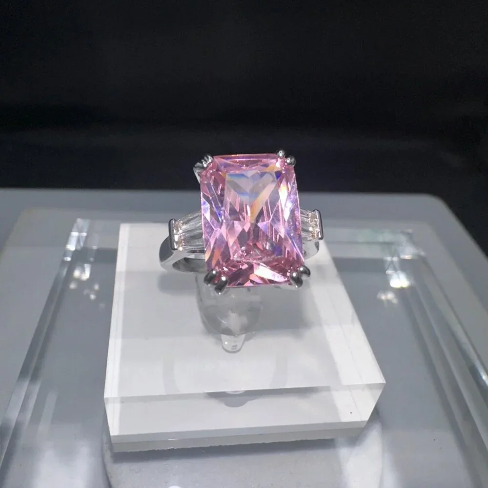 Pink Cubic Zirconia Silver Emerald Cut Ring
